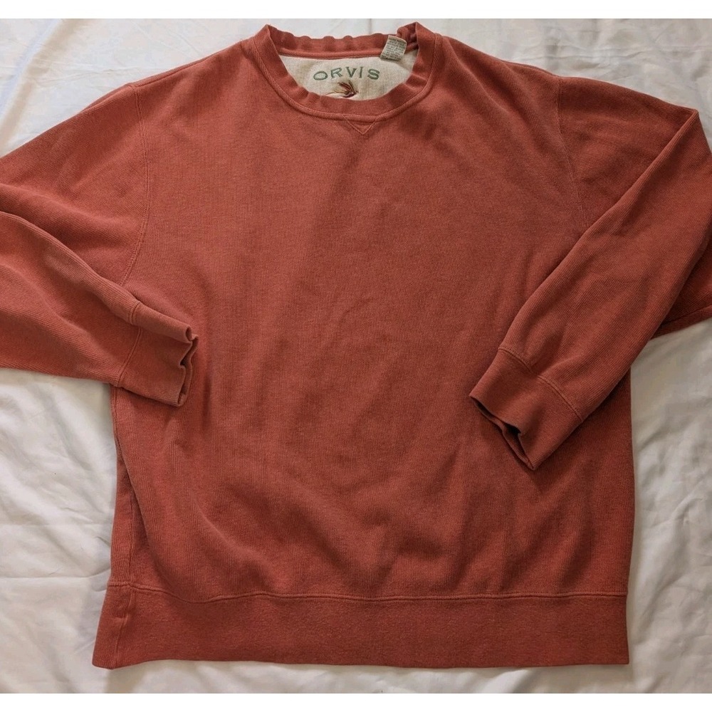 Orvis Mens Size Medium Orange Long Sleeve Crew Neck Pullover Sweatshirt‎